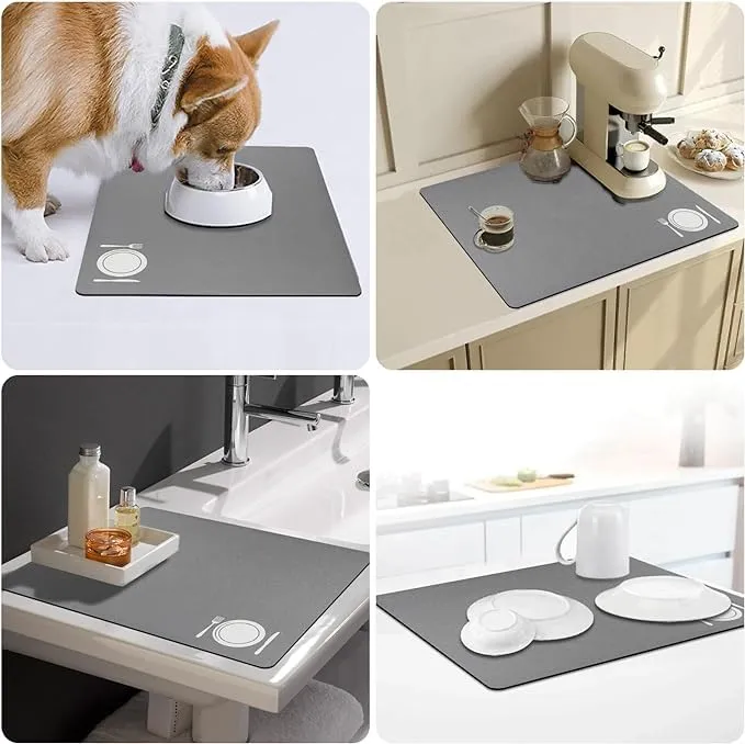Dish Drying Mat | Good Size | 3.5mm Thickness | Durable | Quick-Dry & Easy to Clean | Coffee Mat | Multifunctional, (Beautiful Grey)