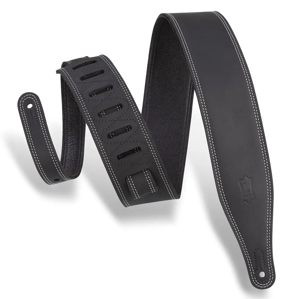 Levys 2 1/2 Inch Butter Double Stitch Guitar Strap Pull Up Leather Black
