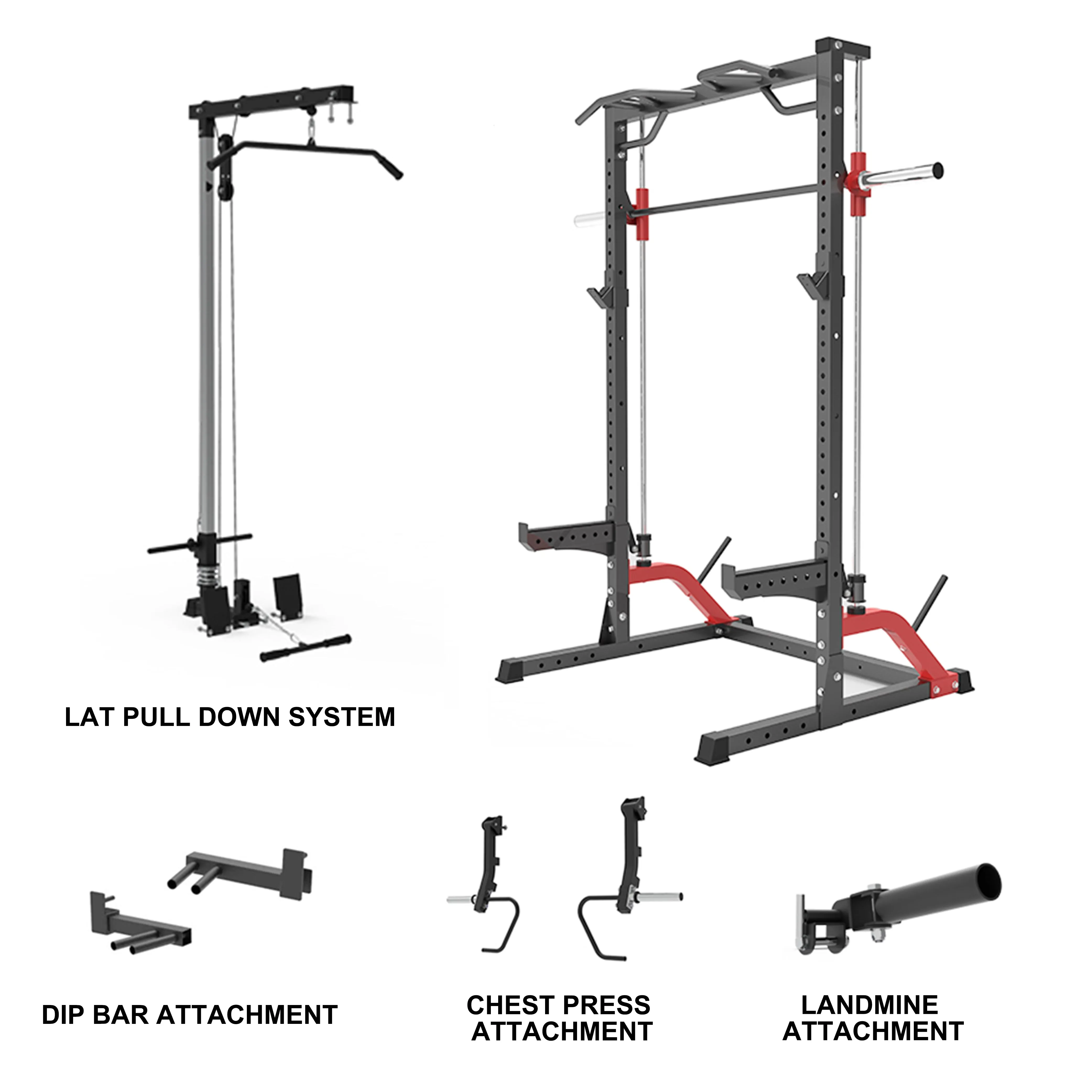 Multifunctional Half Rack Smith Machine Lat Pull Down Chest Press Dip Bar Landmine